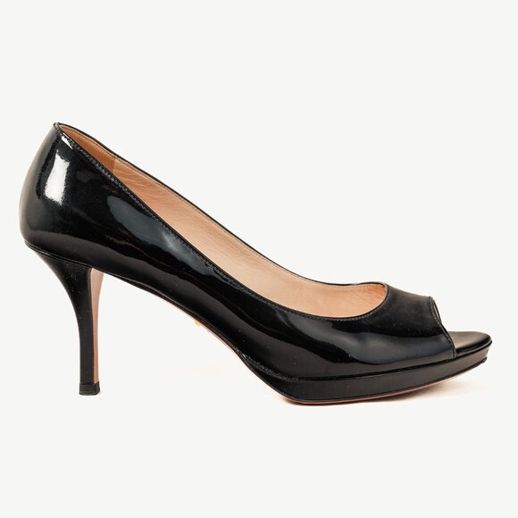 Prada Nero Vernice Peep-Toe Platform Pumps - Picture 1 of 9